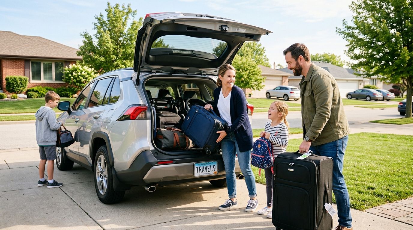 Parents inspectant l'état d'une voiture de location avec leurs enfants avant le départ